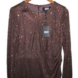 DKNY Dress Brown Cut Out Side Ruched Sequin size 12